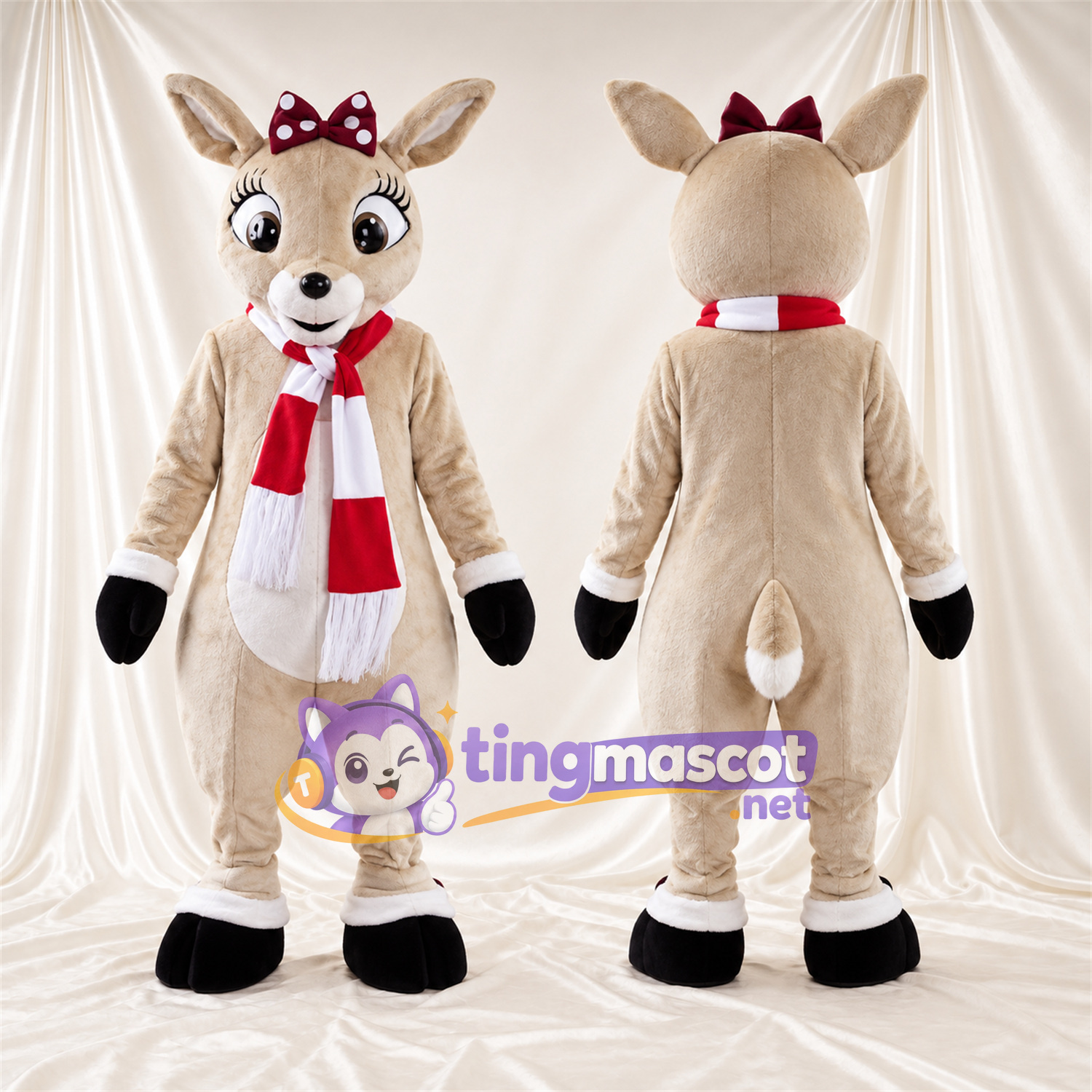 Costume de mascotte Renne – brun clair – Écharpe (rouge / blanc) Costume de mascotte Renne – brun clair – Écharpe (rouge / blanc)