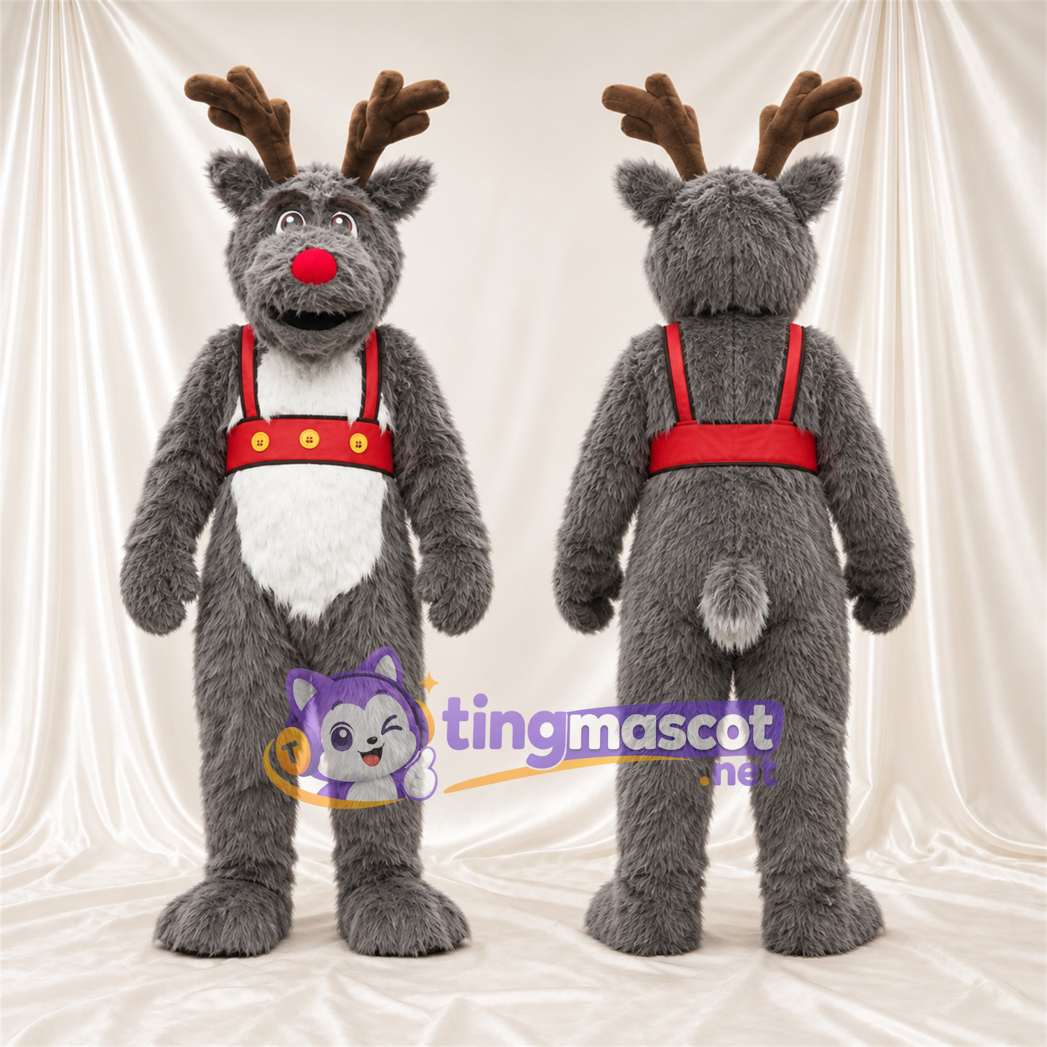 Costume de mascotte Renne – gris – Harnais (rouge) Costume de mascotte Renne – gris – Harnais (rouge)