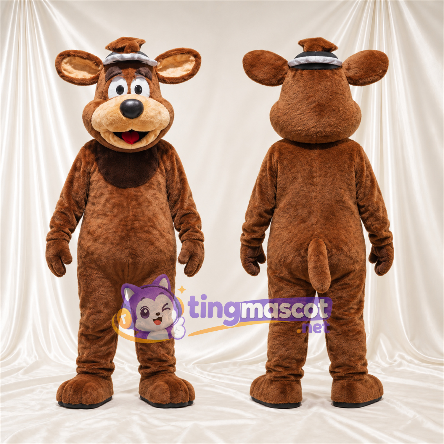 Maskottchenkostüm Bär – braun – Zylinder (grau) Maskottchenkostüm Bär – braun – Zylinder (grau)