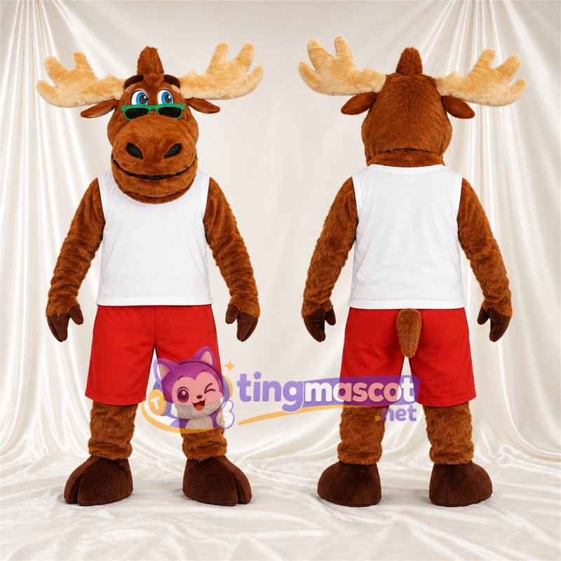 Maskottchenkostüm Elch – braun – Tanktop (weiß); Shorts (rot)