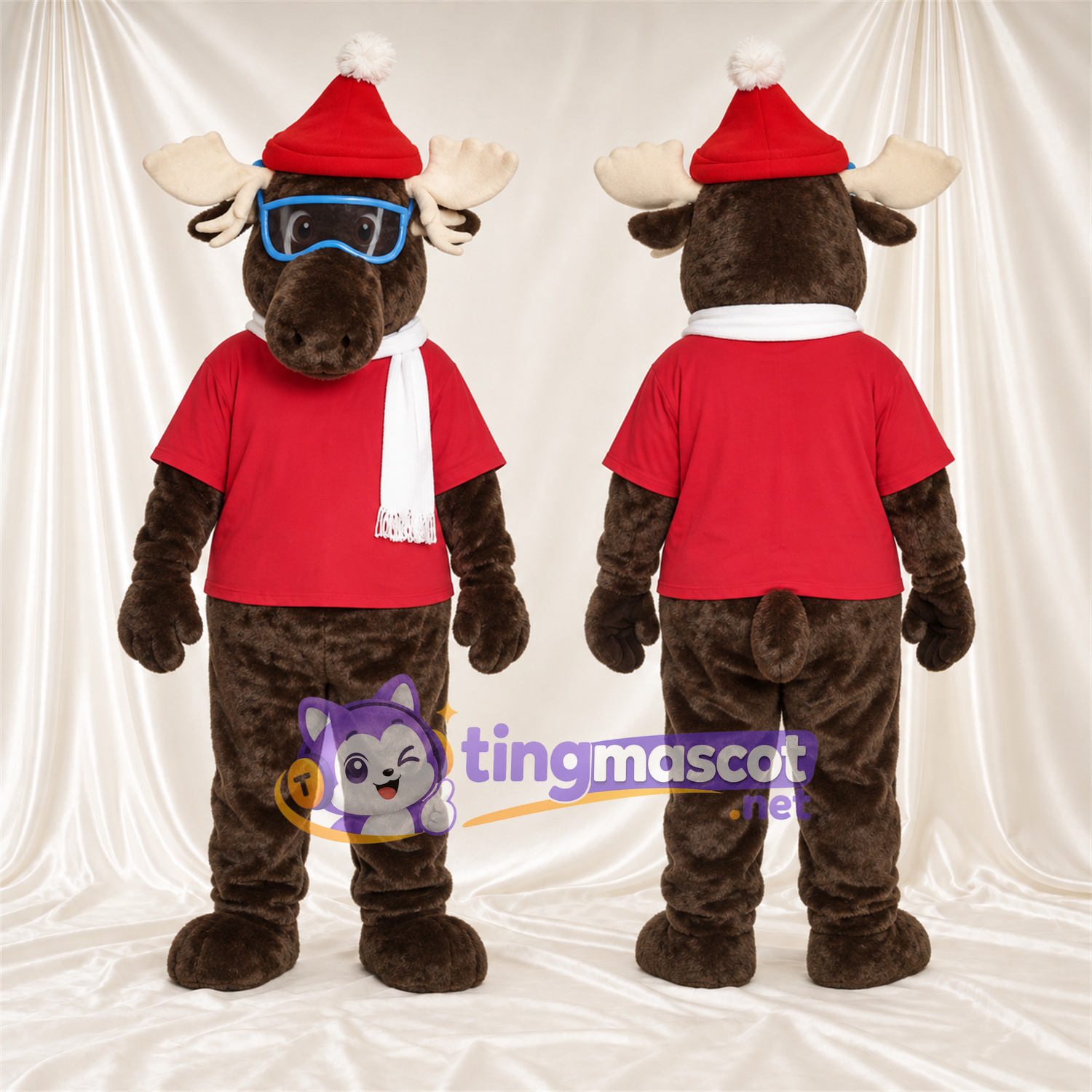 Brown Moose Mascot Costume - Red Shirt and Santa Hat Brown Moose Mascot Costume - Red Shirt and Santa Hat