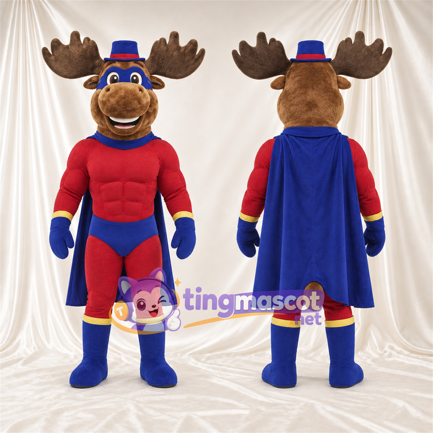 Maskottchenkostüm Elch – braun – Anzug; Umhang (blau) Maskottchenkostüm Elch – braun – Anzug; Umhang (blau)