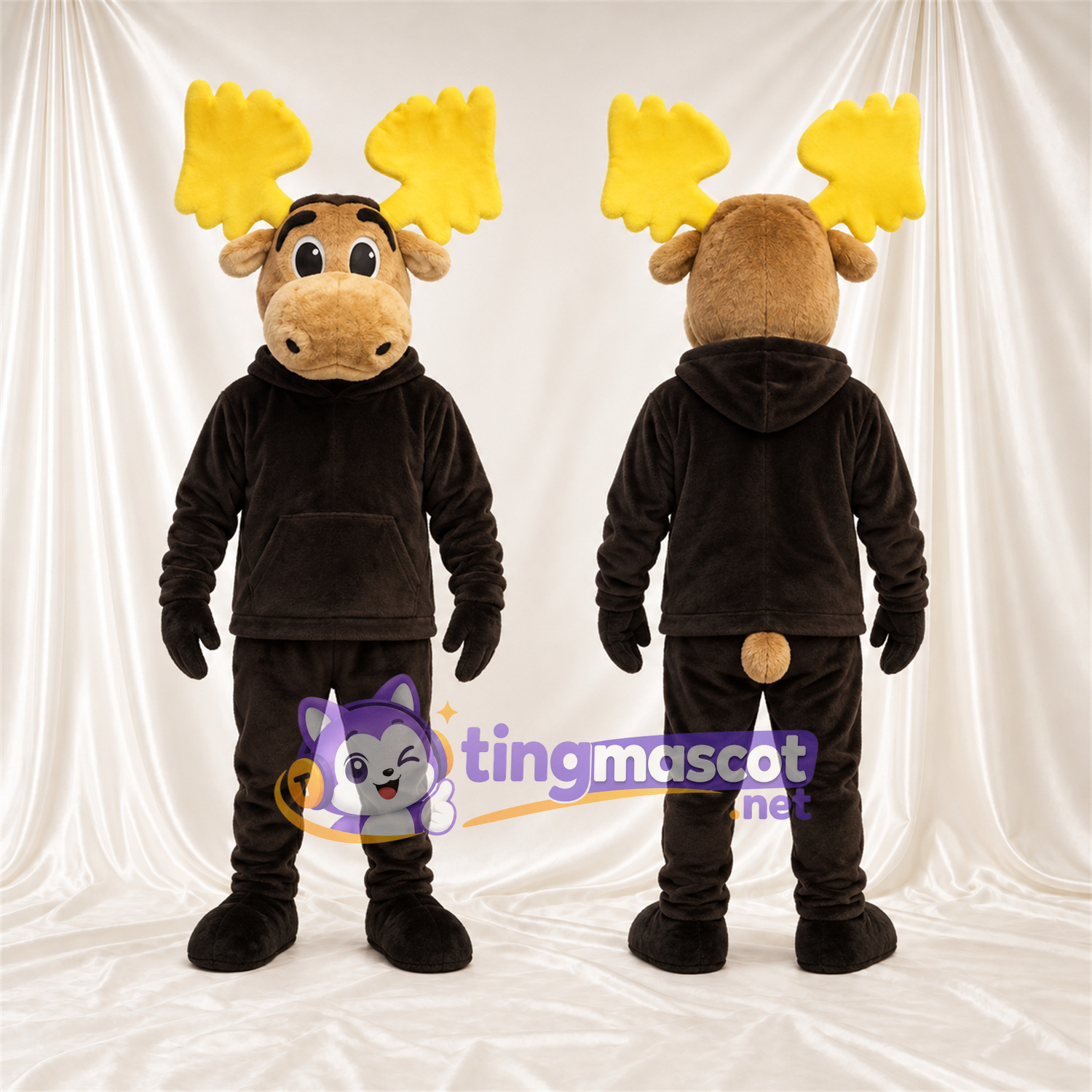 Costume de mascotte Élan – marron – Sweat à capuche (noir); Pantalon Costume de mascotte Élan – marron – Sweat à capuche (noir); Pantalon