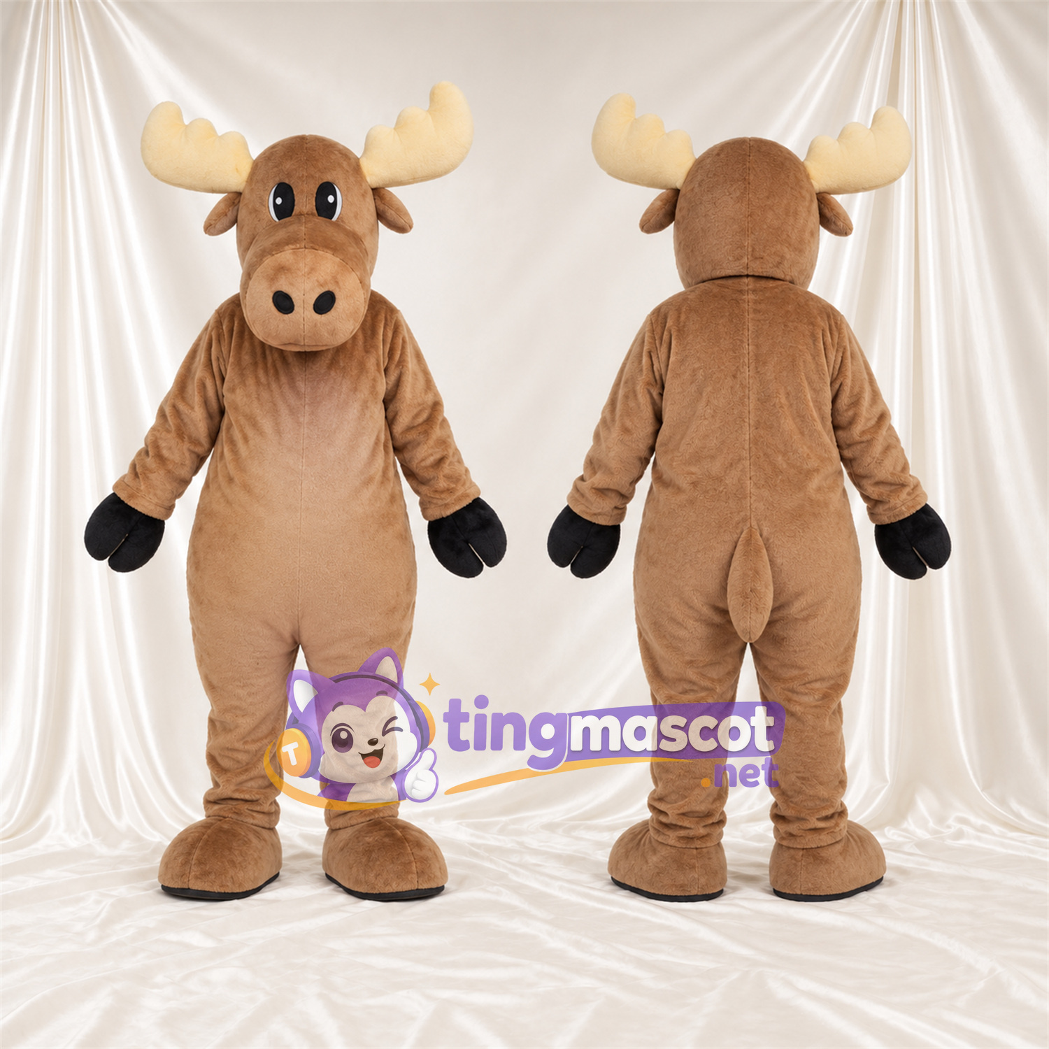Costume de mascotte Élan – brun clair – Bois (crème); Gants (noir) Costume de mascotte Élan – brun clair – Bois (crème); Gants (noir)