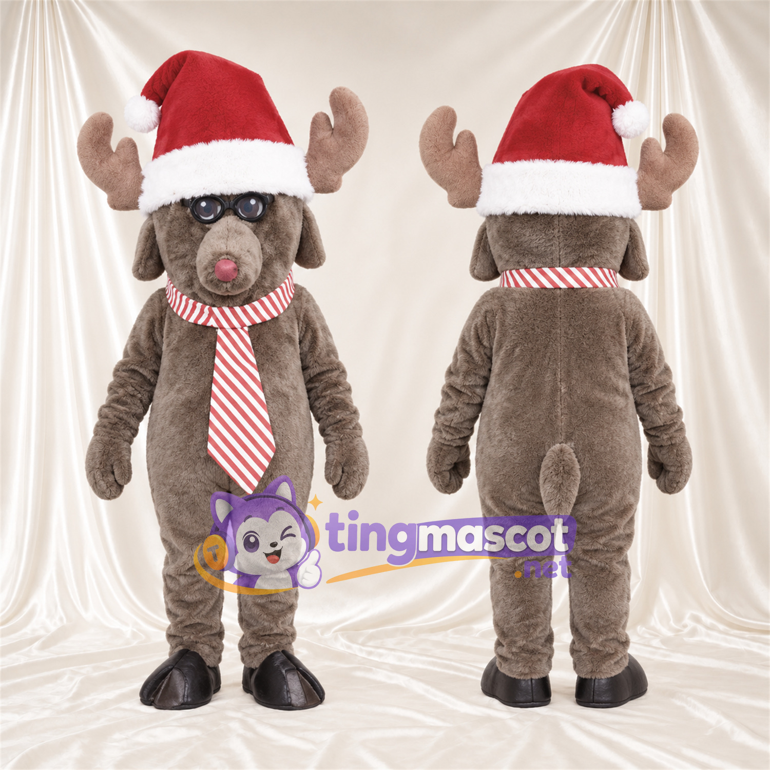 Costume de mascotte Élan – gris – Bonnet de Noël; Lunettes rondes Costume de mascotte Élan – gris – Bonnet de Noël; Lunettes rondes