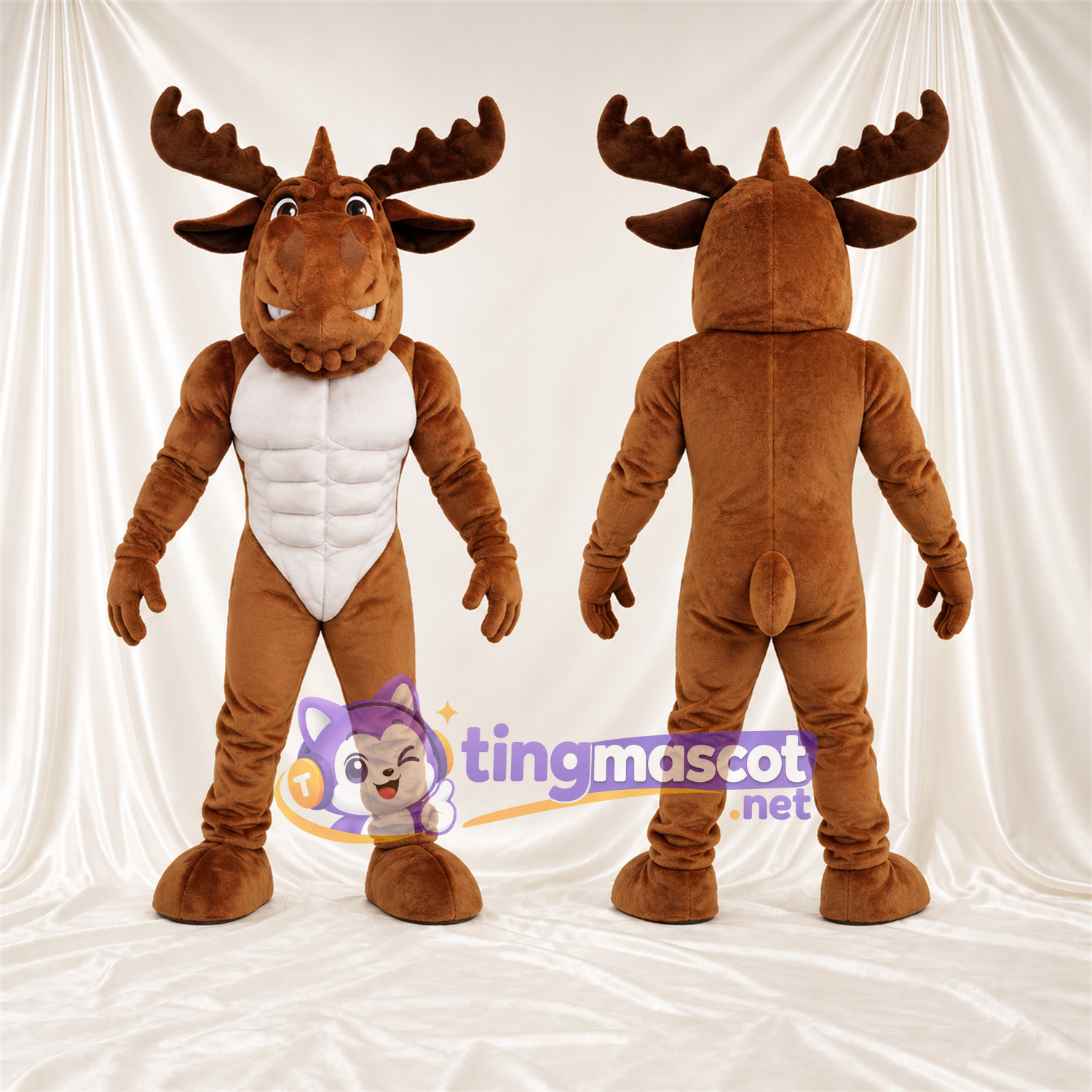 Maskottchenkostüm Elch – braun – Muskelbrust (weiß); Geweih (braun) Maskottchenkostüm Elch – braun – Muskelbrust (weiß); Geweih (braun)