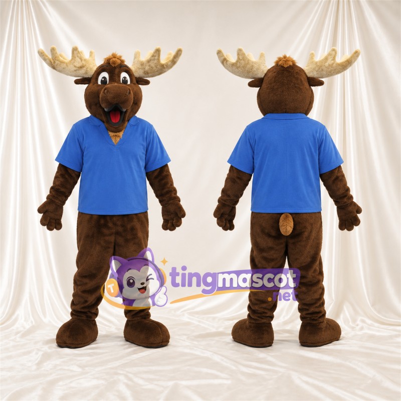 Maskottchenkostüm Elch – braun – Poloshirt (blau)