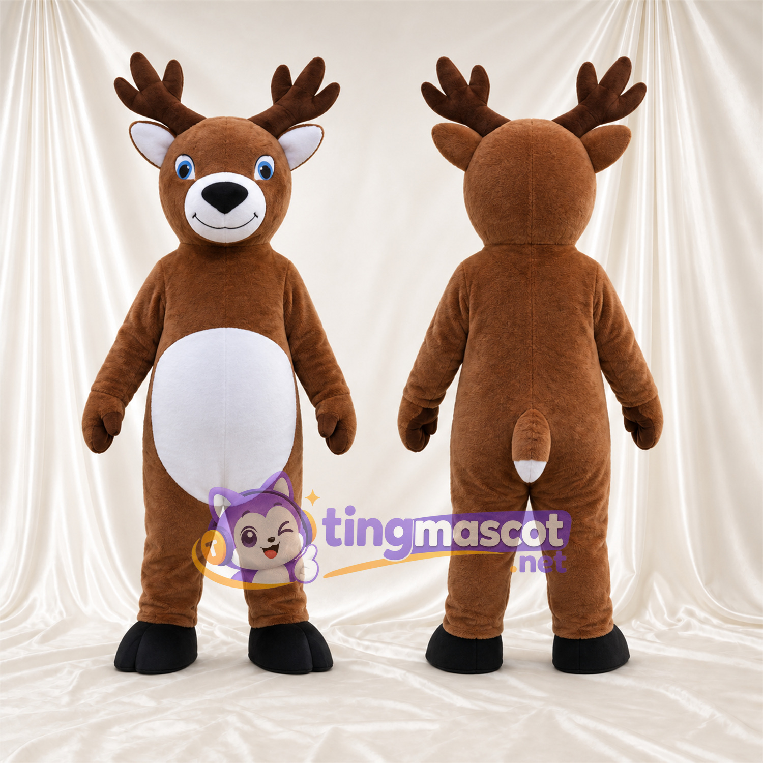 Costume de mascotte Cerf – marron – Ventre rond; Yeux (bleu) Costume de mascotte Cerf – marron – Ventre rond; Yeux (bleu)