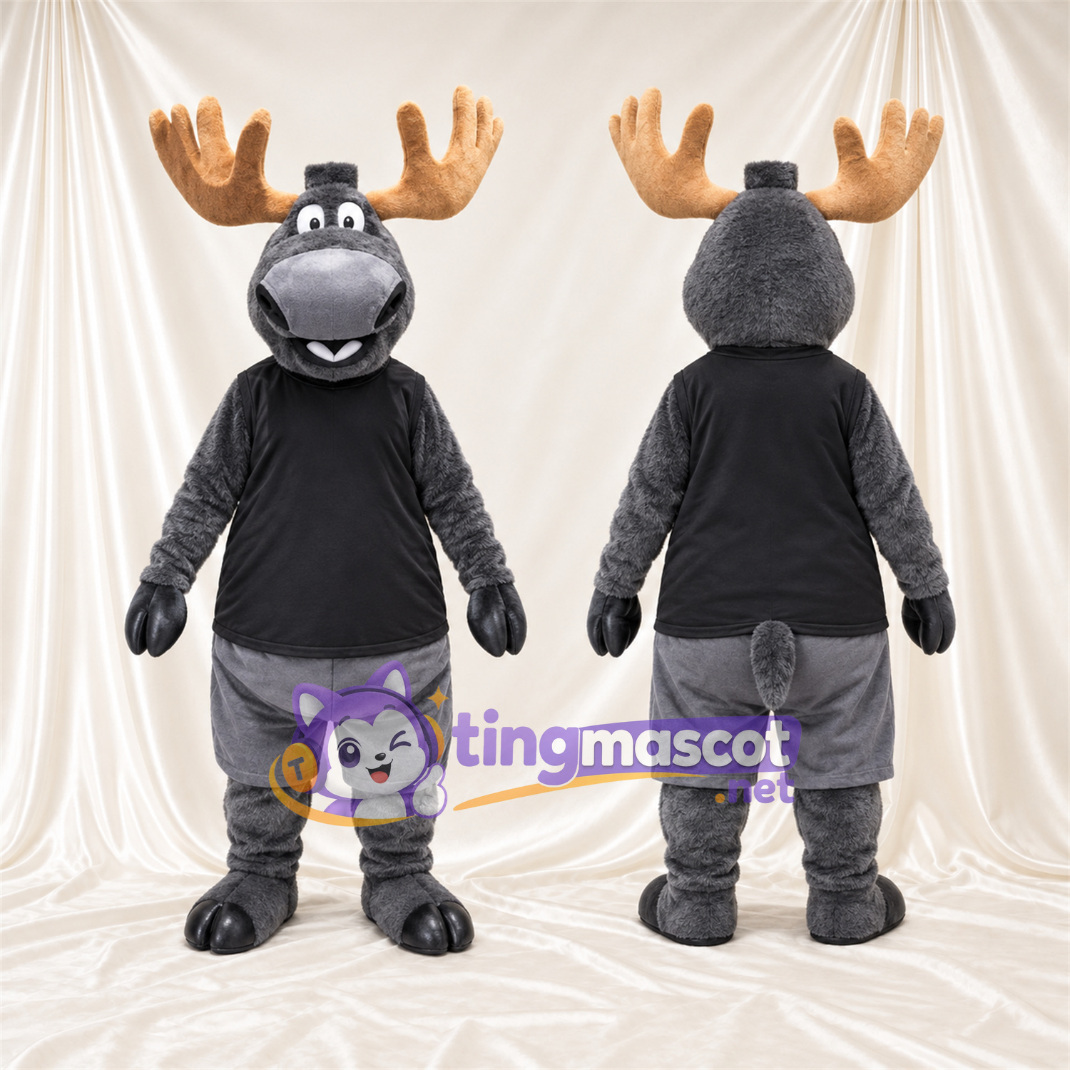 Costume de mascotte Élan – gris – Haut-de-forme (noir); Bois (brun clair) Costume de mascotte Élan – gris – Haut-de-forme (noir); Bois (brun clair)