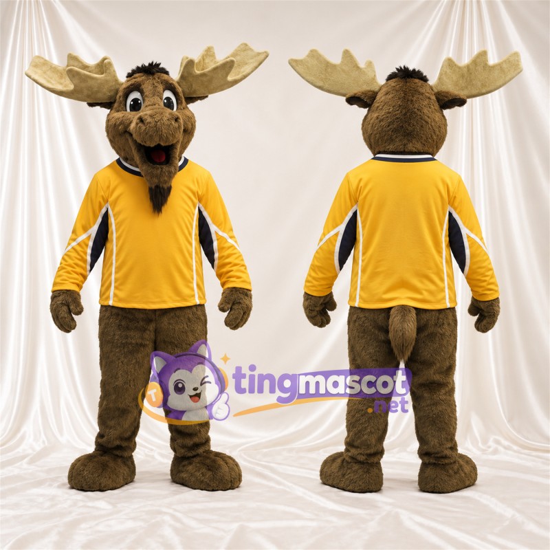 Brown Moose Mascot Costume - Yellow Sports Jersey
