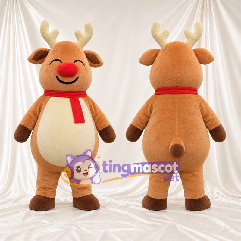Costume de mascotte Renne – brun clair – Écharpe (rouge); Bois (crème)