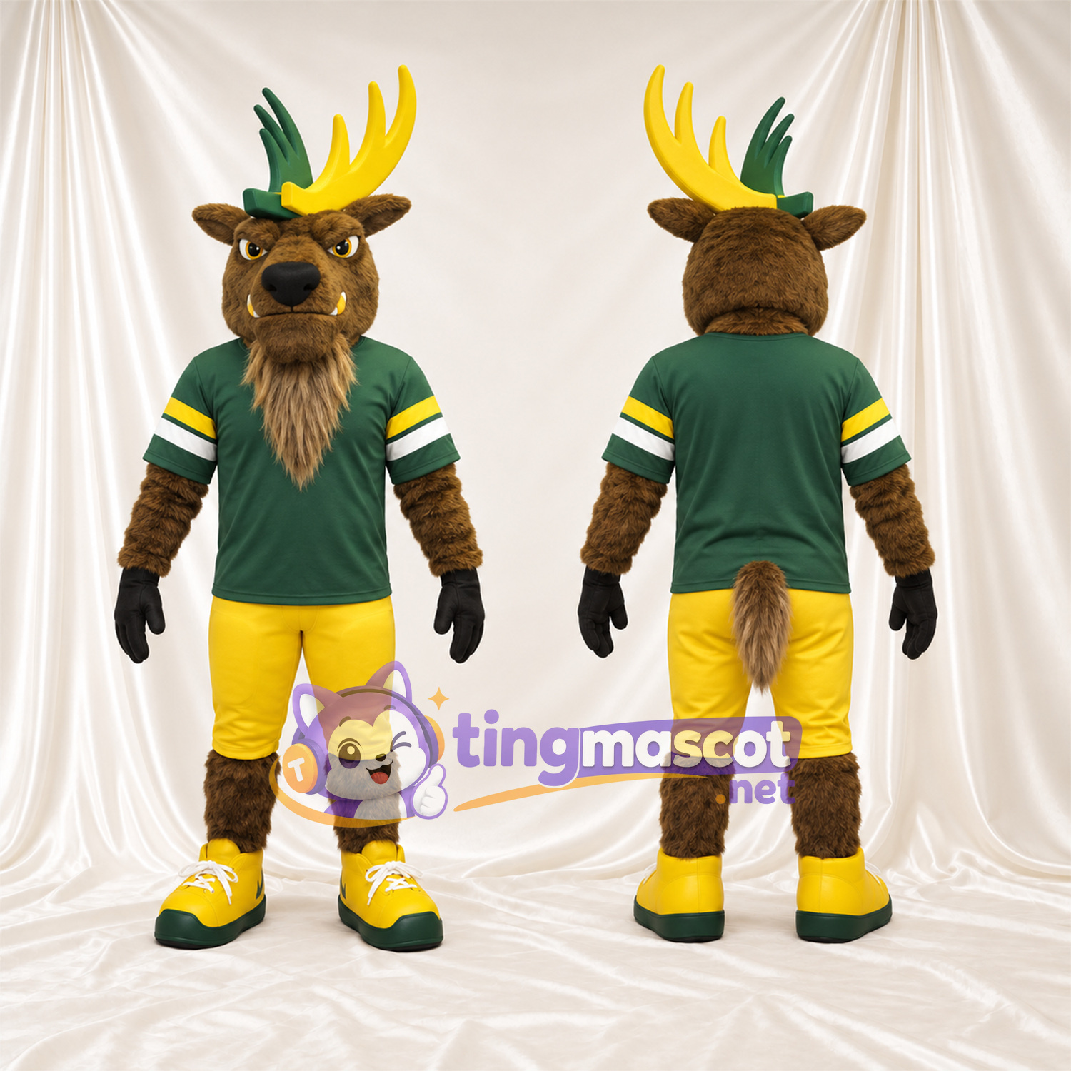 Brown Moose Mascot Costume - Green Jersey and Yellow Shorts Brown Moose Mascot Costume - Green Jersey and Yellow Shorts