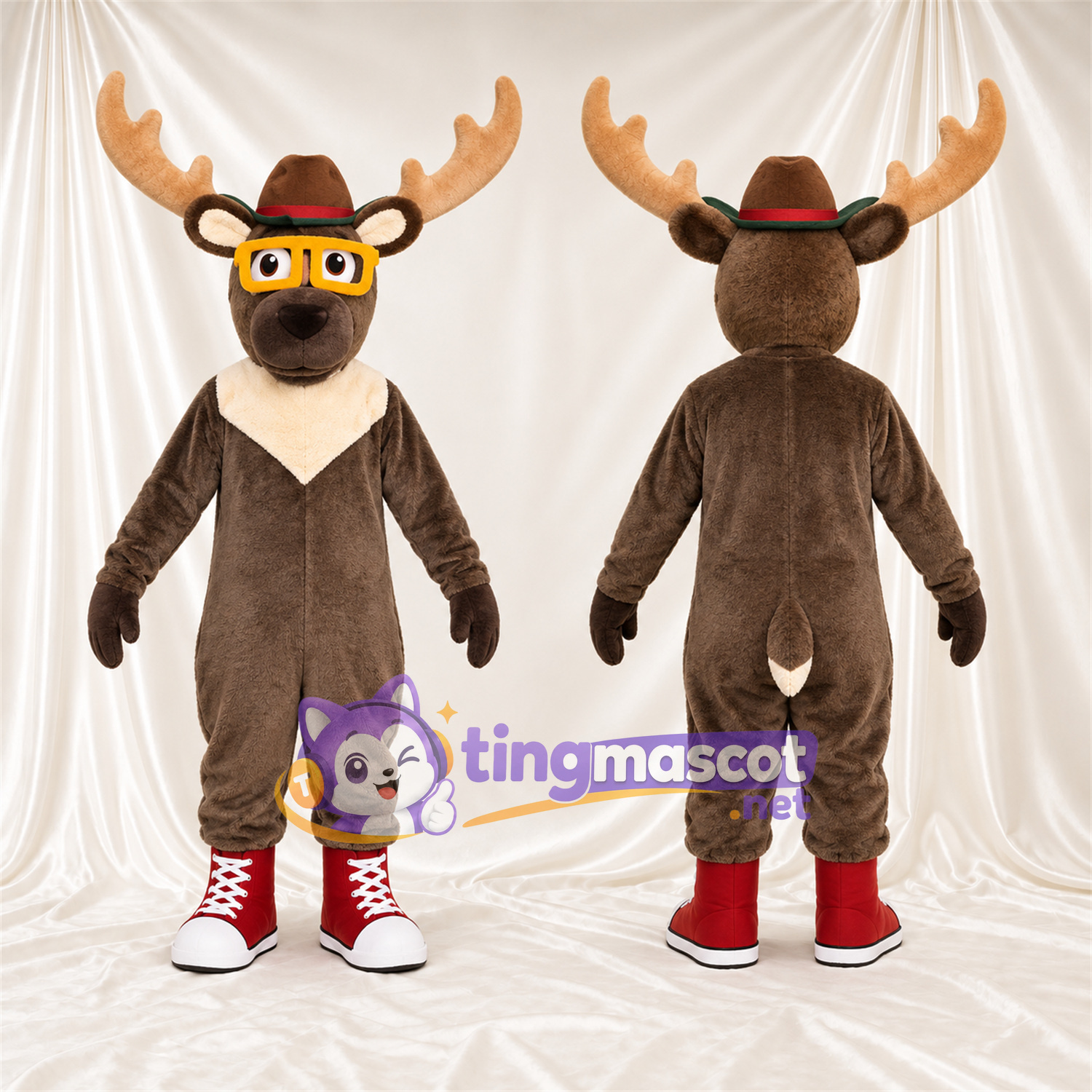 Costume de mascotte Élan – marron – Lunettes (jaune); Chapeau (marron) Costume de mascotte Élan – marron – Lunettes (jaune); Chapeau (marron)