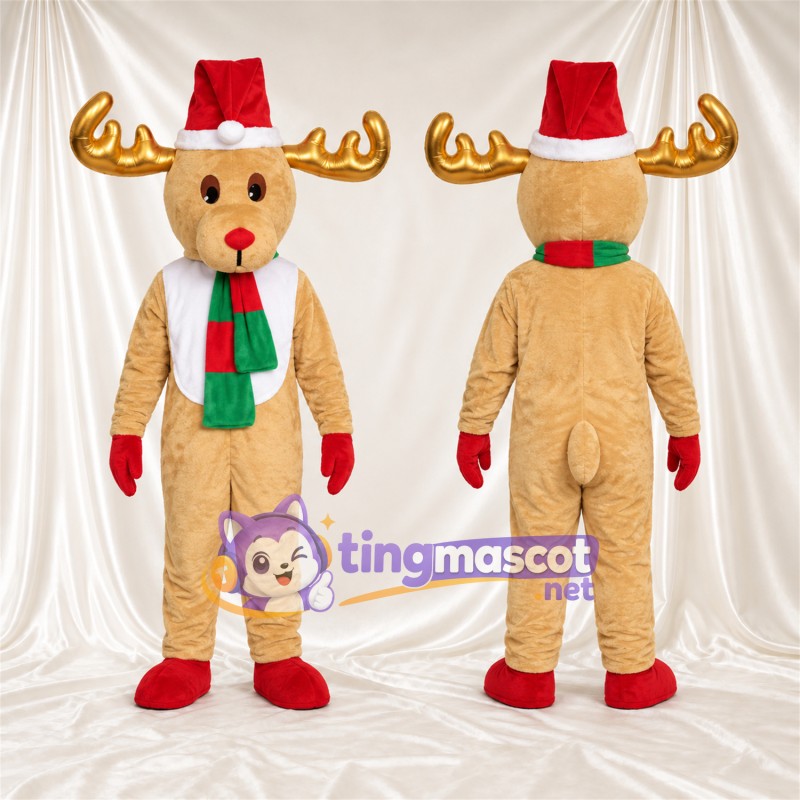 Costume de mascotte Renne – brun clair – Bonnet de Noël; Écharpe (vert / rouge)