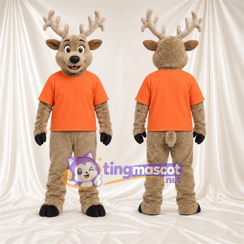 Maskottchenkostüm Hirsch – hellbraun – T-Shirt (orange); Geweih (creme)