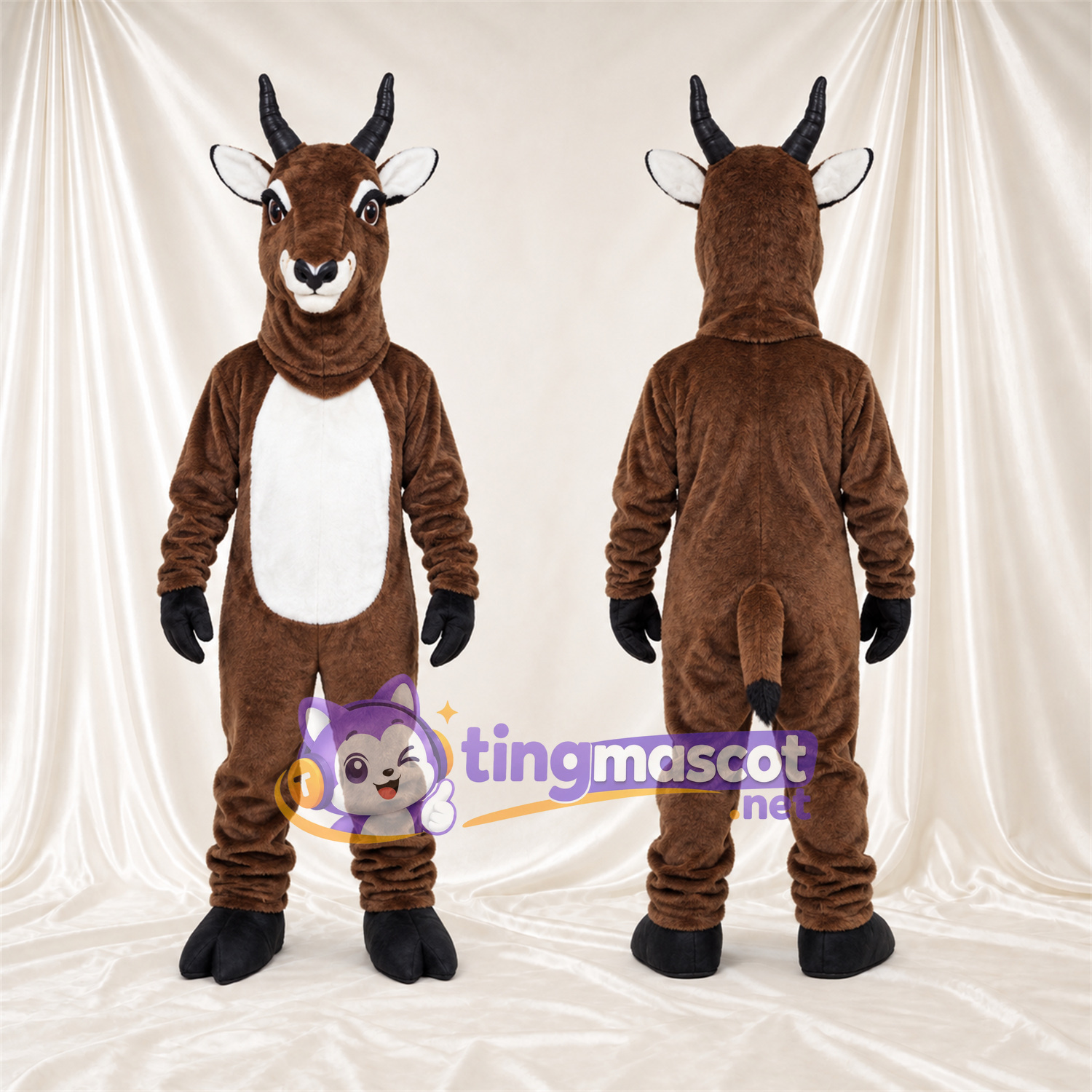 Costume de mascotte Antilope – marron – Ventre (blanc); Cornes (noir) Costume de mascotte Antilope – marron – Ventre (blanc); Cornes (noir)