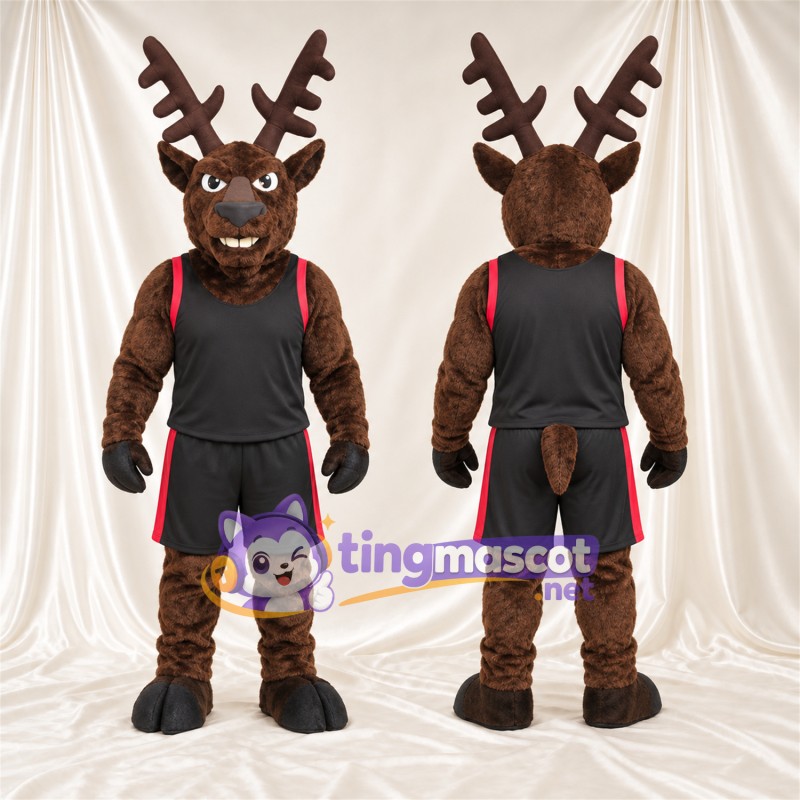 Brown Reindeer Mascot Costume - Black Red Sports Outfit