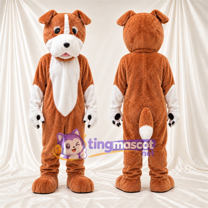 Costume de mascotte Chien – marron / blanc – Coussinets (noir); Museau allongé
