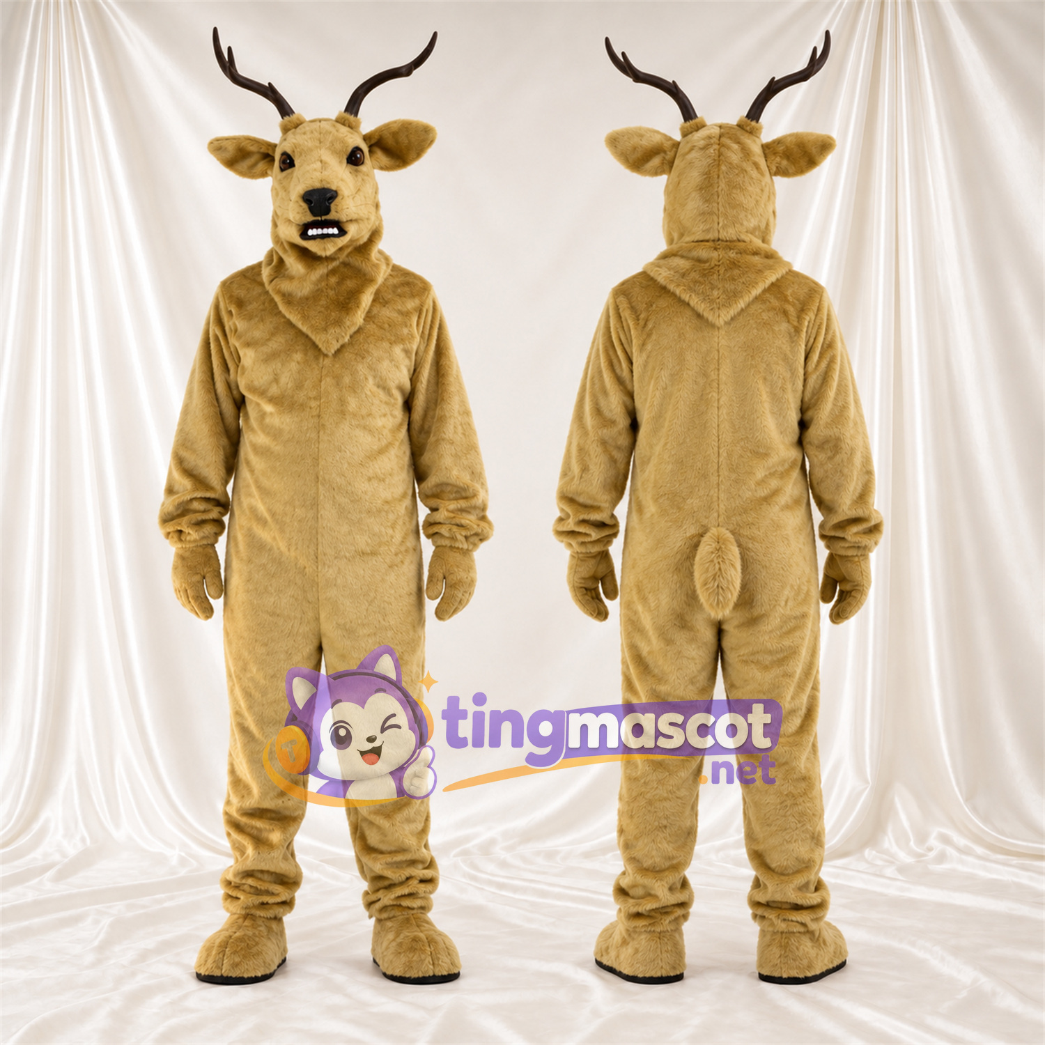 Costume de mascotte Cerf – brun clair – Bois (noir); Long cou Costume de mascotte Cerf – brun clair – Bois (noir); Long cou