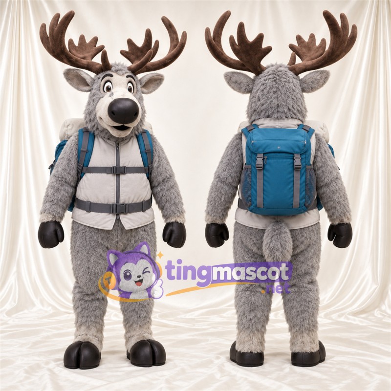Costume de mascotte Élan – gris – Gilet (blanc); Sac à dos (bleu)