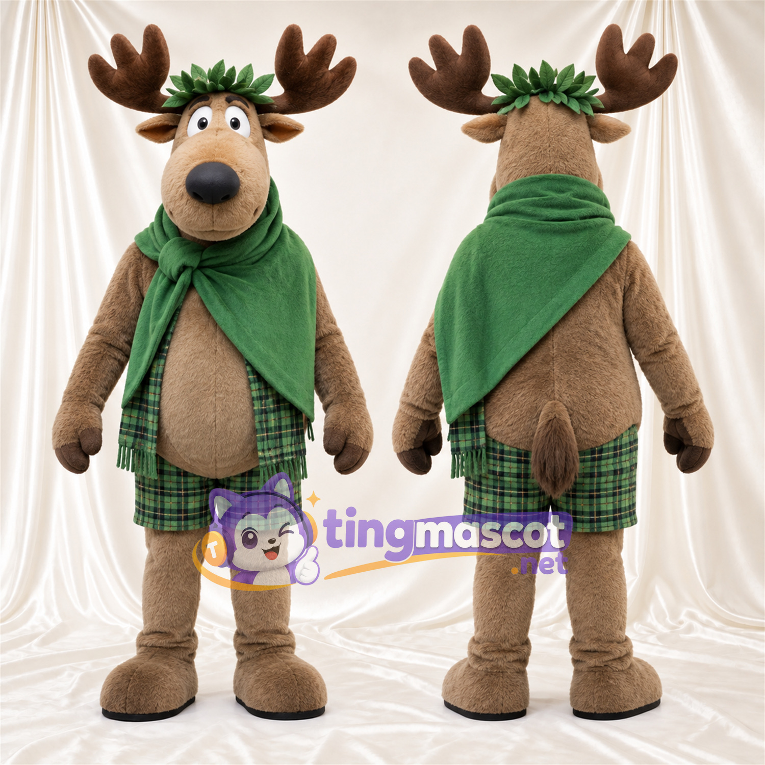 Costume de mascotte Élan – marron – Cape (vert); Short Costume de mascotte Élan – marron – Cape (vert); Short
