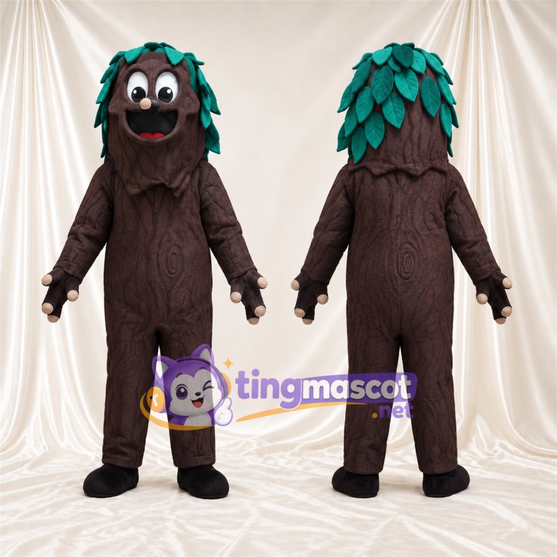 Brown Tree Character Mascot Costume - Green Leaf Hair