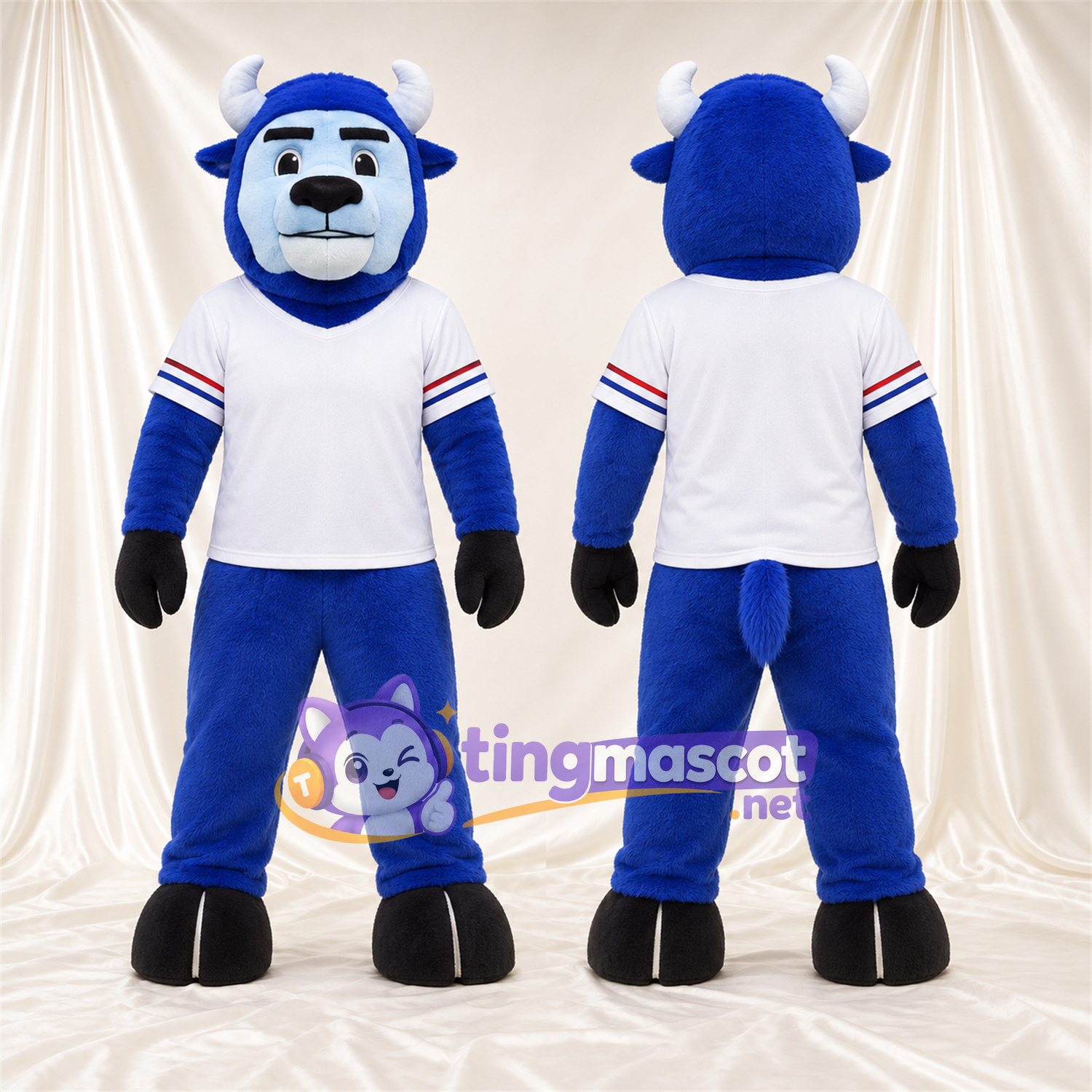 Maskottchenkostüm Bison – blau – Hörner (weiß); Trikot (weiß) Maskottchenkostüm Bison – blau – Hörner (weiß); Trikot (weiß)
