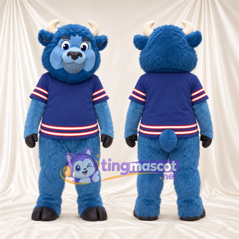 Costume de mascotte Bison – bleu – Cornes (blanc); Maillot (bleu)