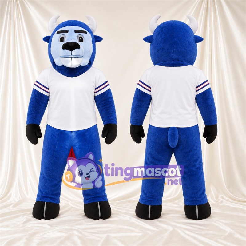 Costume de mascotte Bison – bleu – Cornes (blanc); Maillot (blanc)