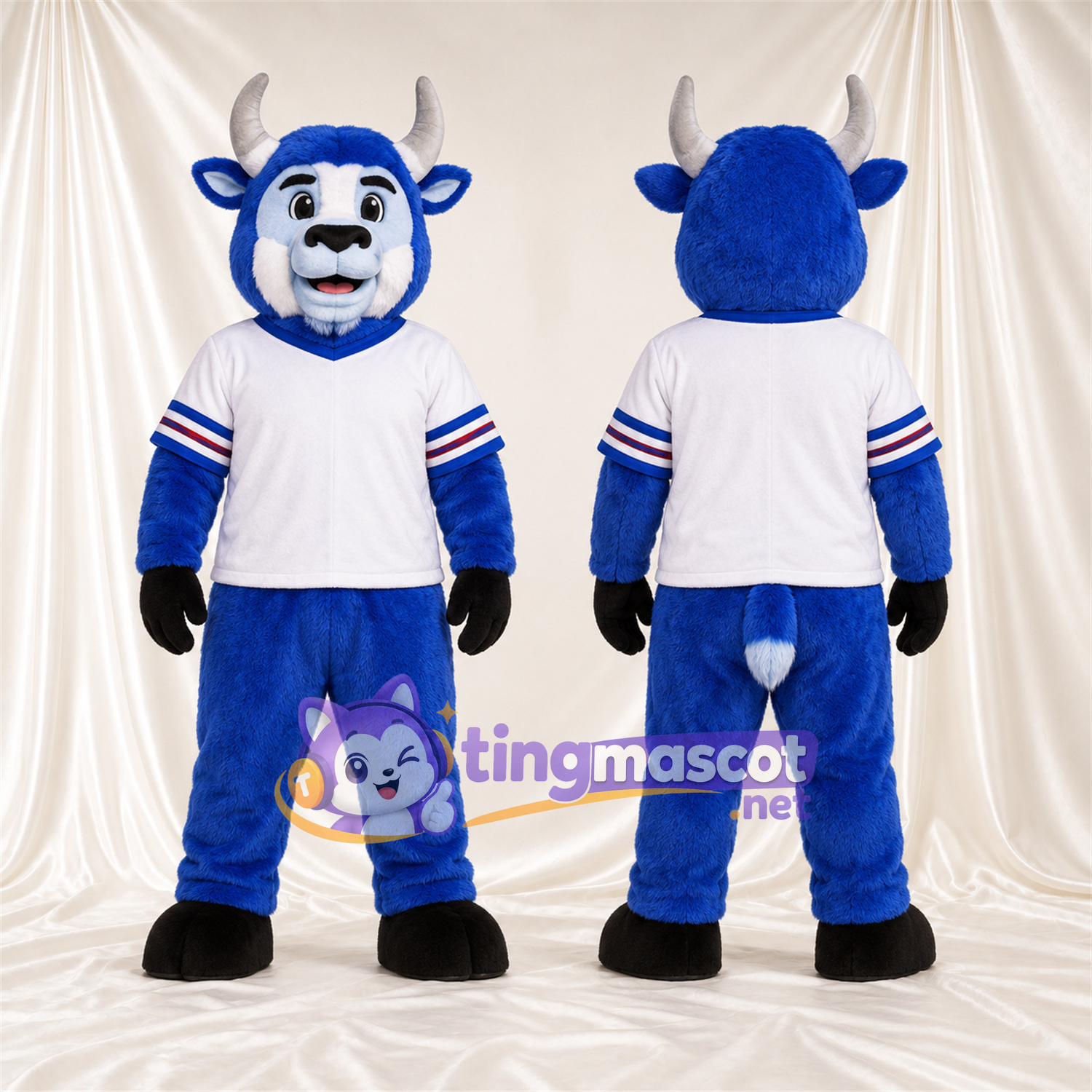 Maskottchenkostüm Bison – blau – Hörner (grau); Trikot (weiß) Maskottchenkostüm Bison – blau – Hörner (grau); Trikot (weiß)