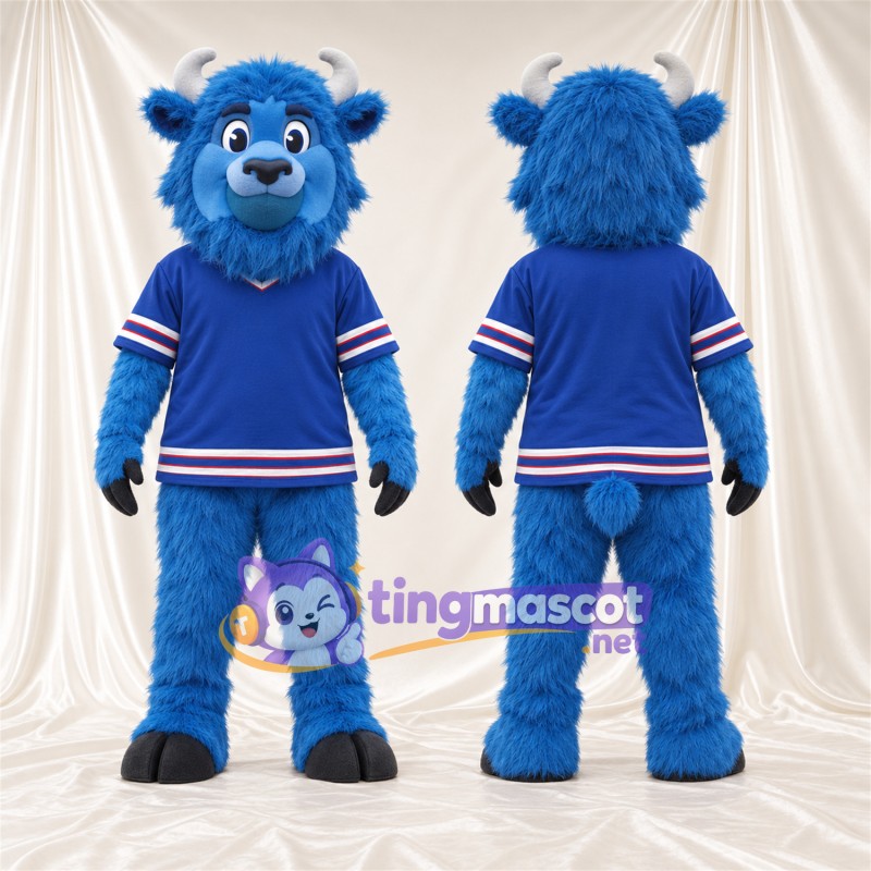 Blue Bison Mascot Costume - Blue Jersey with Striped Trim and Shaggy Fur
