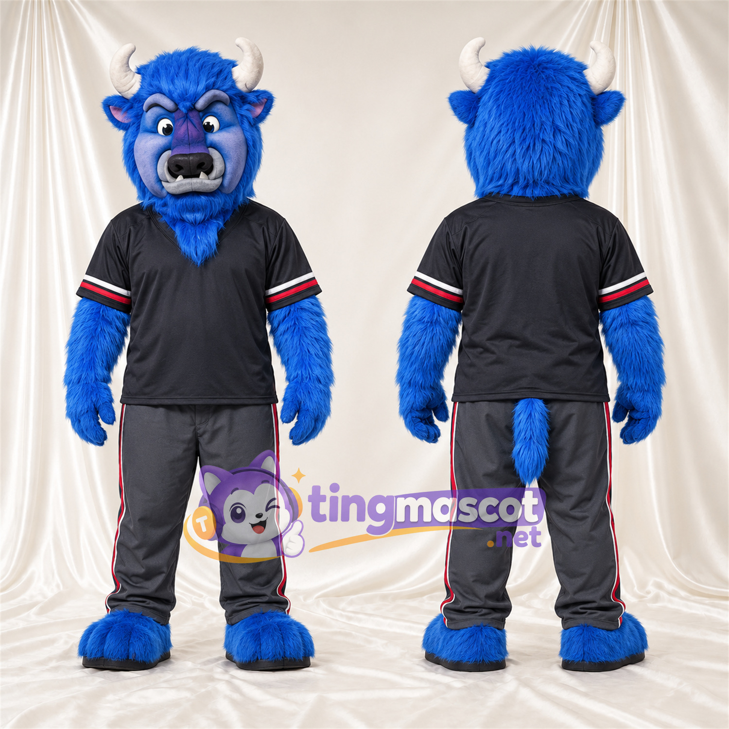 Costume de mascotte Buffle – bleu – Cornes (blanc); Maillot (noir) Costume de mascotte Buffle – bleu – Cornes (blanc); Maillot (noir)