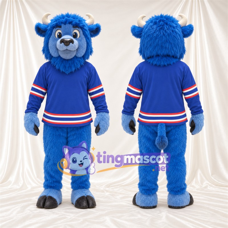 Costume de mascotte Bison – bleu – Cornes (blanc); Maillot (bleu)