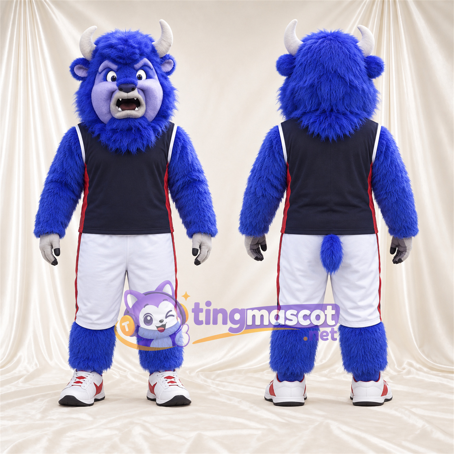 Costume de mascotte Buffle – bleu – Chemise (bleu marine); Short (blanc) Costume de mascotte Buffle – bleu – Chemise (bleu marine); Short (blanc)