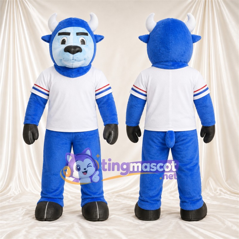 Blue Bison Mascot Costume - Black Hooves and White Jersey with Striped Sleeves