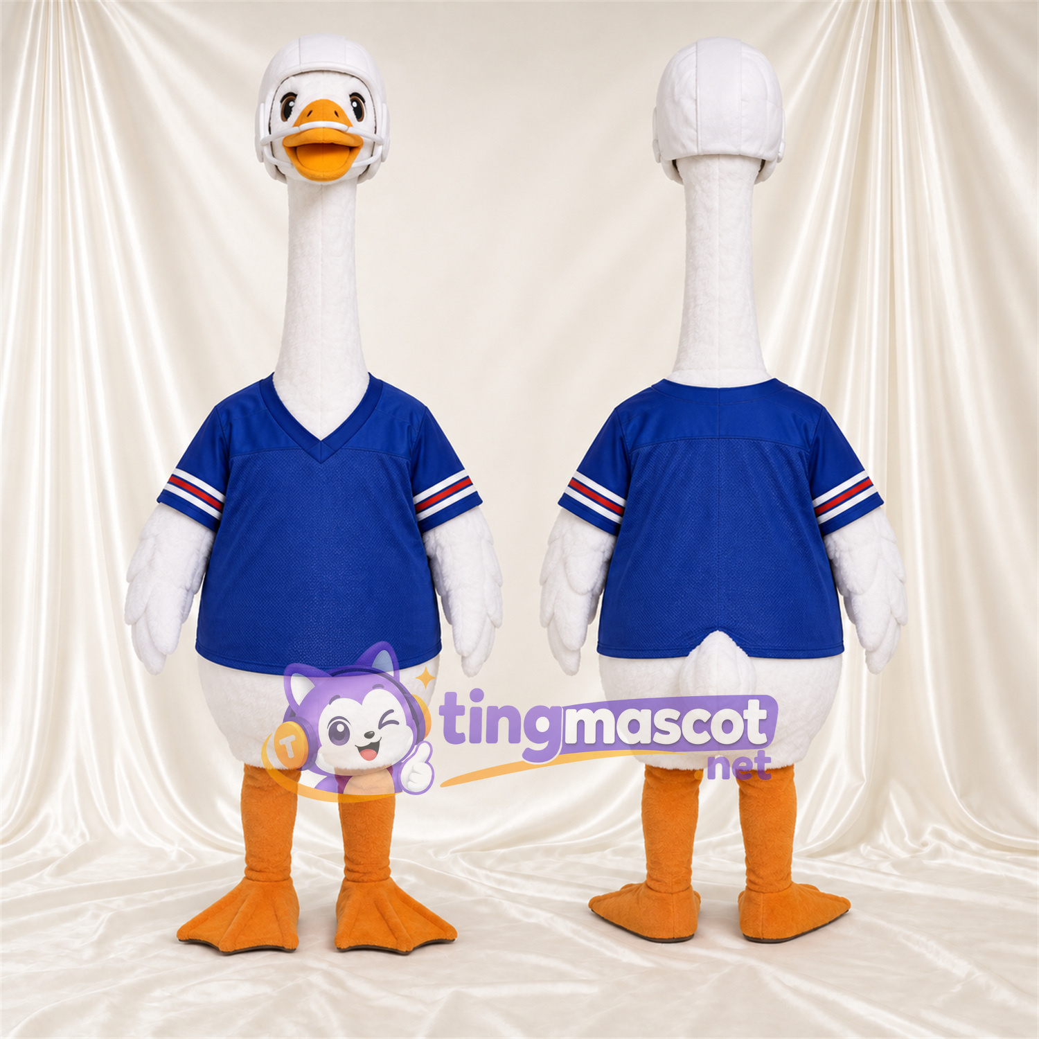 Costume de mascotte Oie – blanc – Chemise (bleu) Costume de mascotte Oie – blanc – Chemise (bleu)