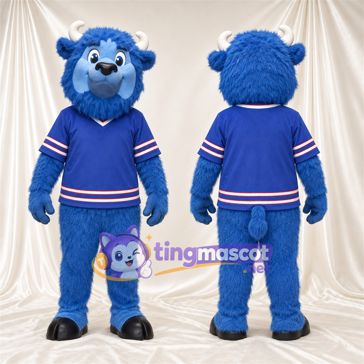 Blue Bison Mascot Costume - Black Hooves and Blue Jersey with Striped Trim Blue Bison Mascot Costume - Black Hooves and Blue Jersey with Striped Trim