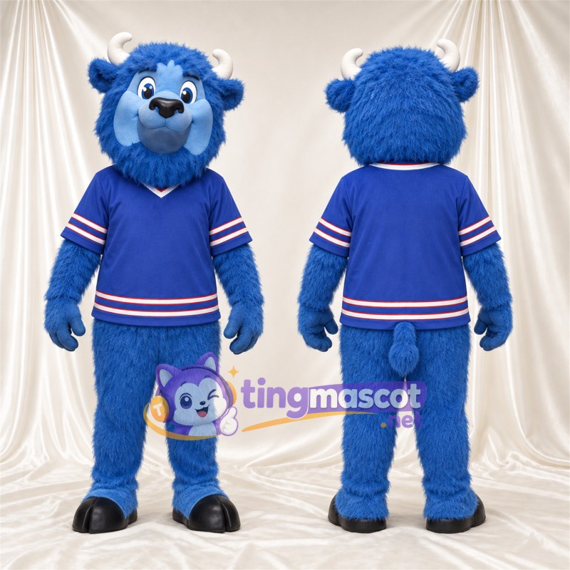 Blue Bison Mascot Costume - Black Hooves and Blue Jersey with Striped Trim
