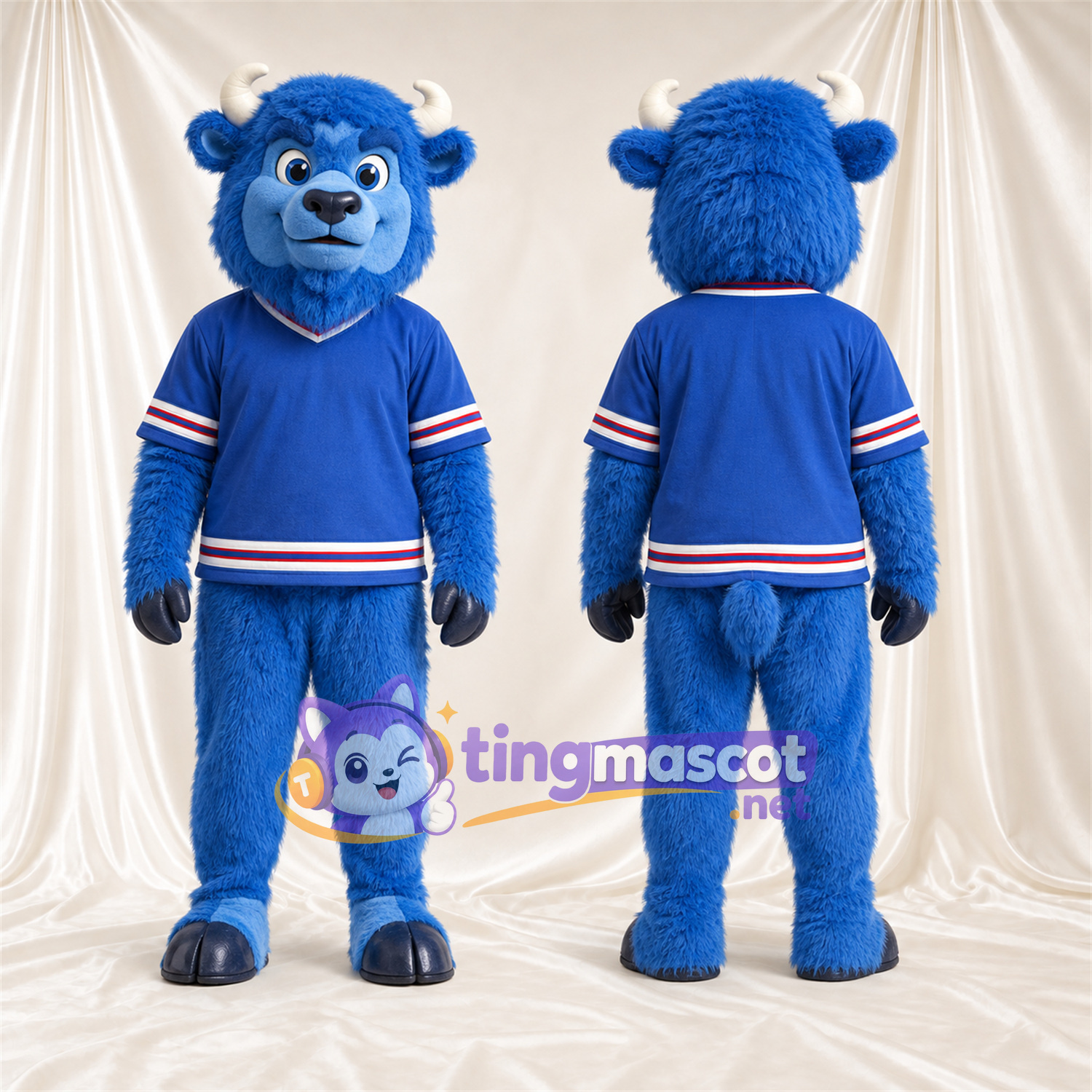 Blue Bison Mascot Costume - Black Hooves and Blue Jersey with Striped Trim Blue Bison Mascot Costume - Black Hooves and Blue Jersey with Striped Trim