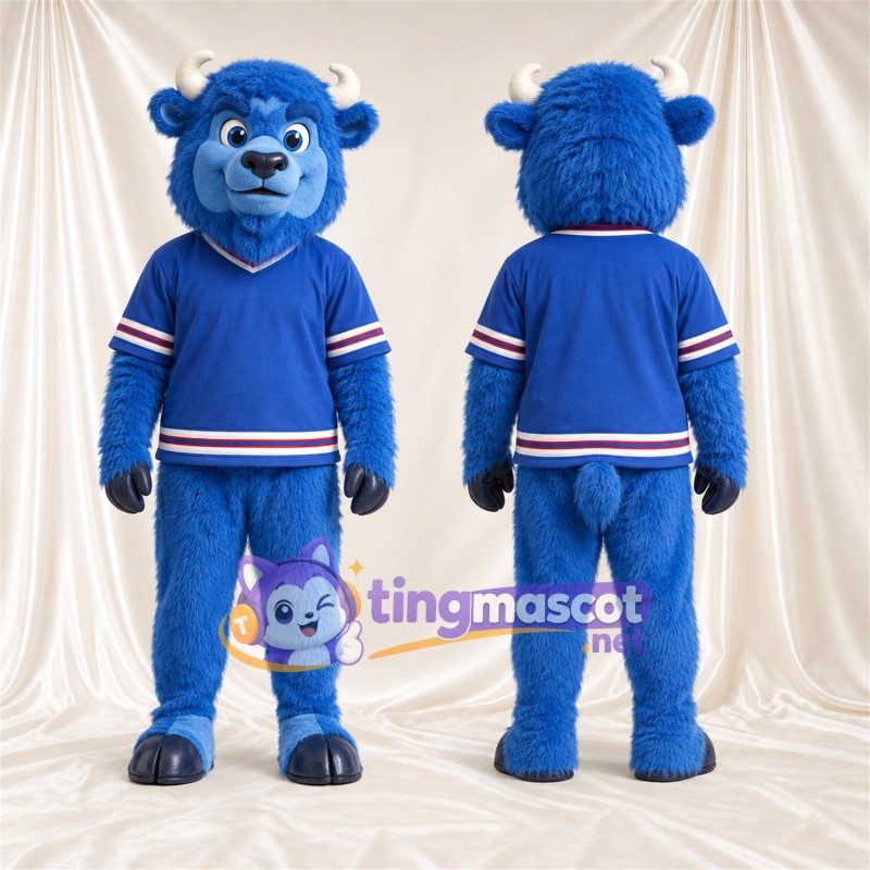 Blue Bison Mascot Costume - Black Hooves and Blue Jersey with Striped Trim