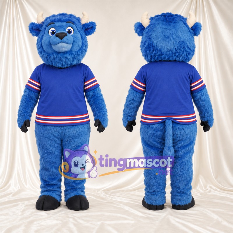 Maskottchenkostüm Bison – blau – Hörner (hellbraun); Trikot (blau)