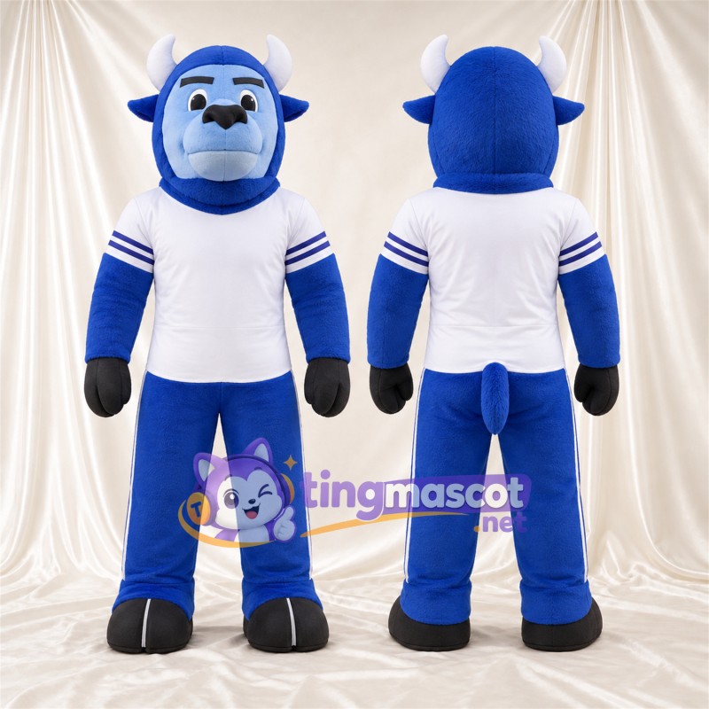 Blue Bison Mascot Costume - Black Hooves and White Jersey with Striped Sleeves
