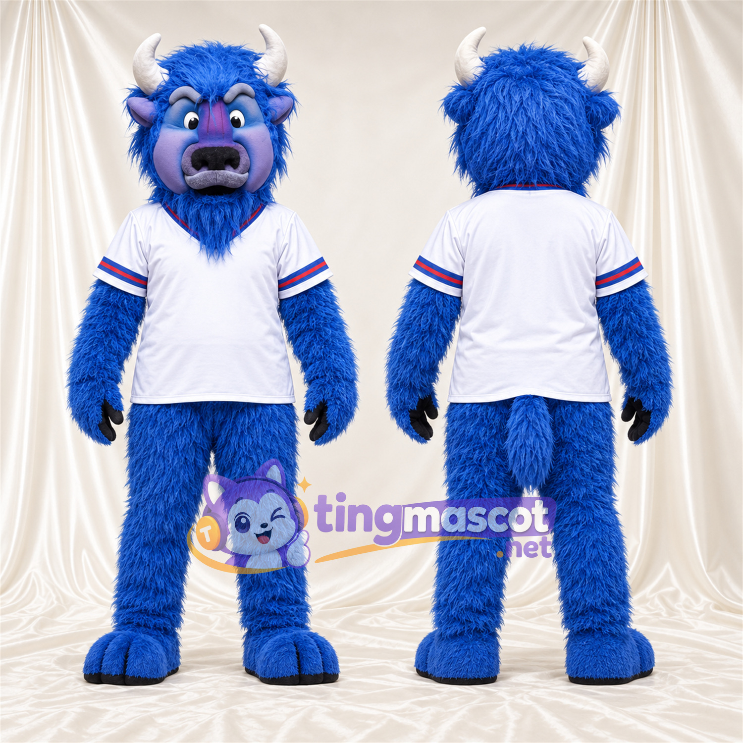 Costume de mascotte Buffle – bleu – Cornes (blanc); Maillot (blanc) Costume de mascotte Buffle – bleu – Cornes (blanc); Maillot (blanc)