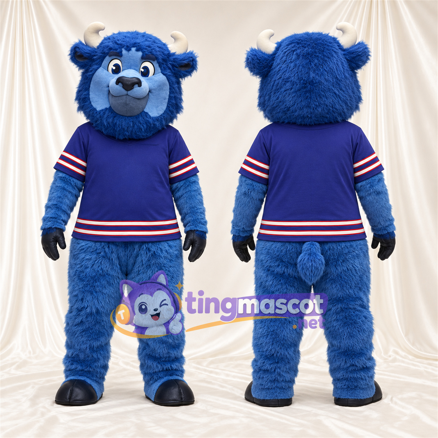 Costume de mascotte Bison – bleu – Cornes (blanc); Maillot (bleu) Costume de mascotte Bison – bleu – Cornes (blanc); Maillot (bleu)