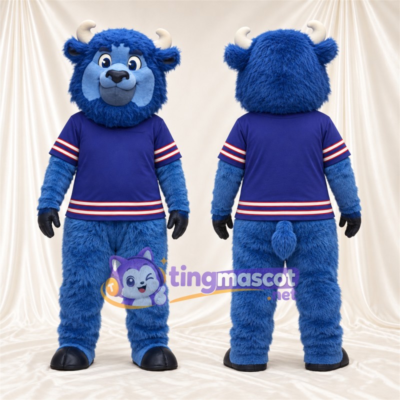 Costume de mascotte Bison – bleu – Cornes (blanc); Maillot (bleu)