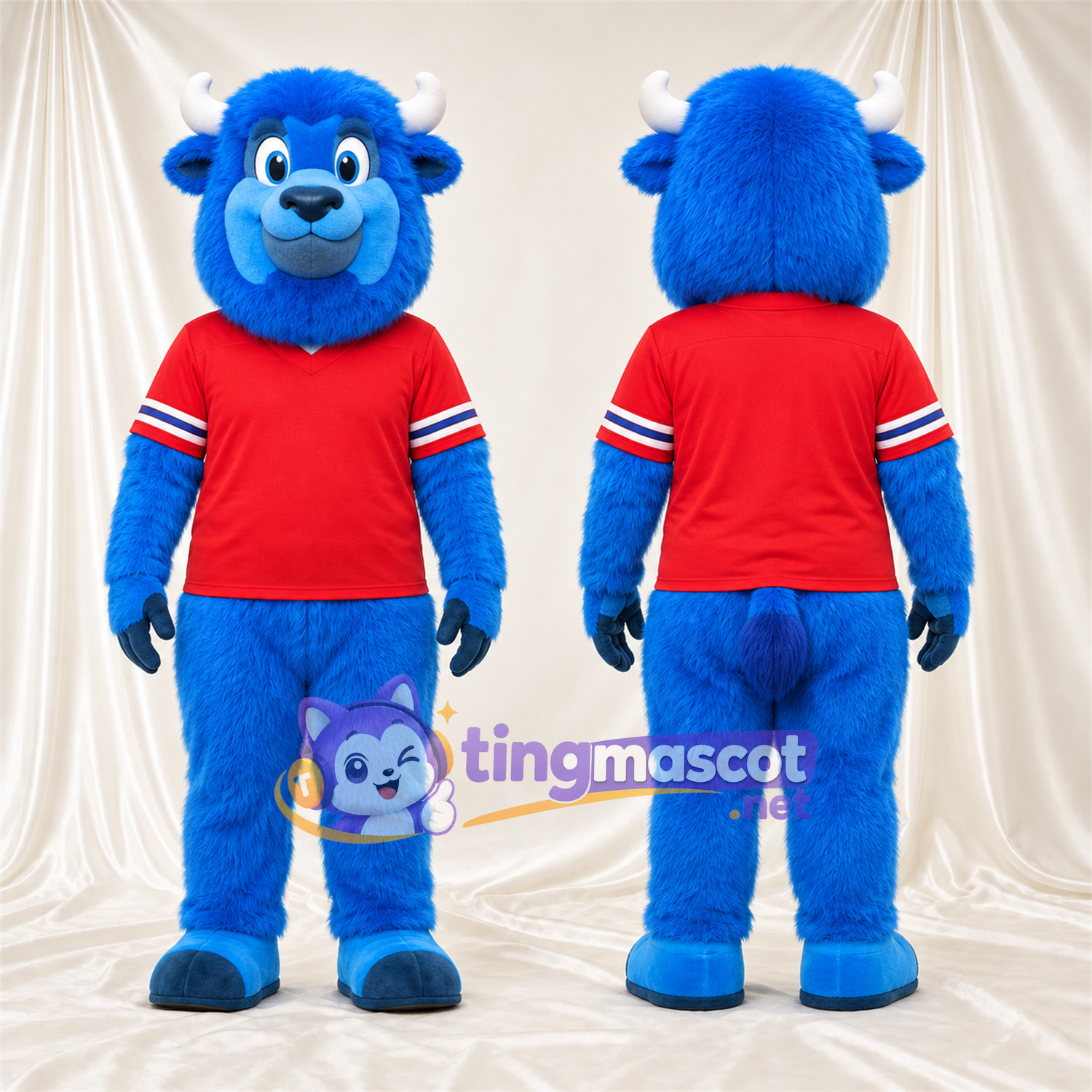 Costume de mascotte Bison – bleu – Chemise (rouge) Costume de mascotte Bison – bleu – Chemise (rouge)