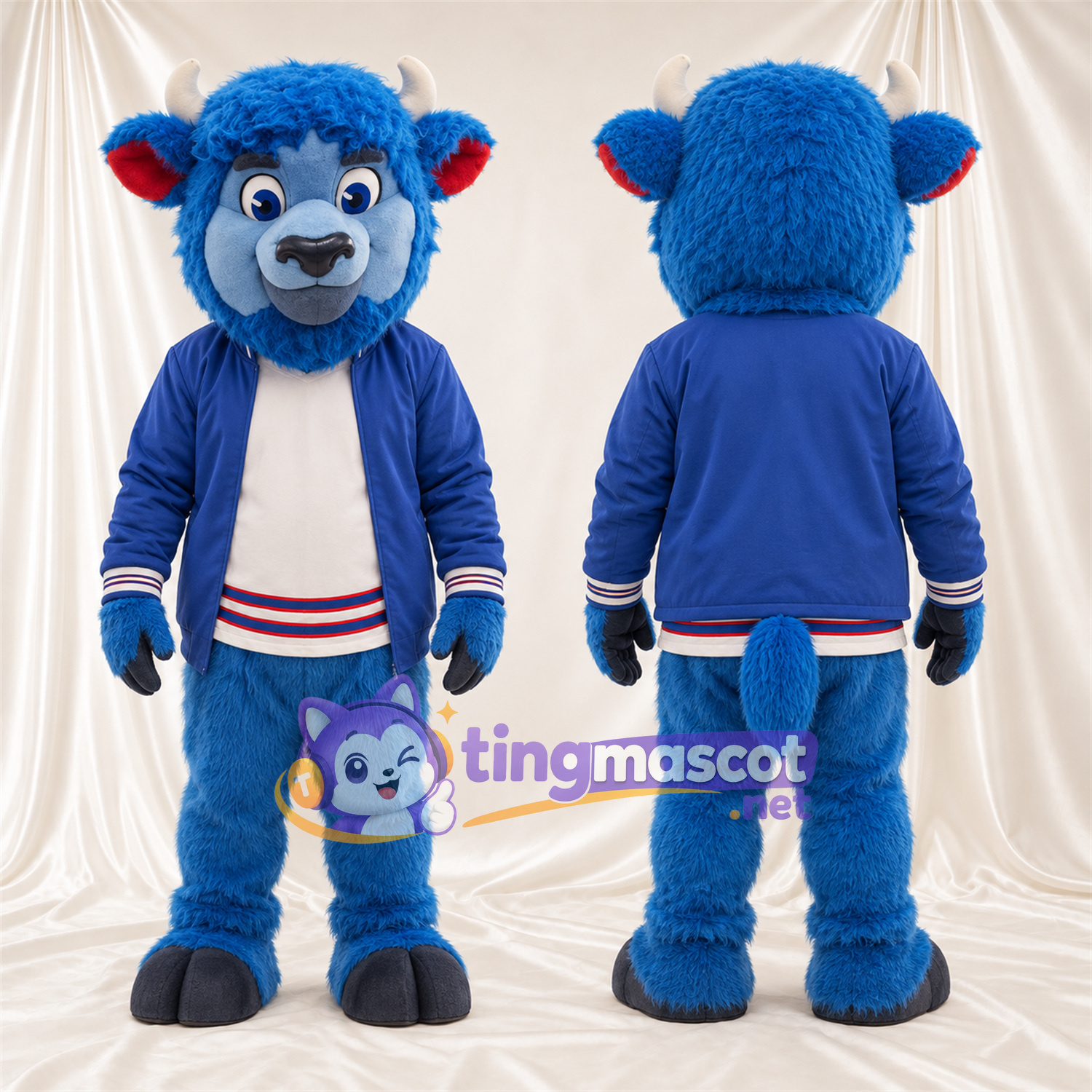 Blue Bison Mascot Costume - Blue Jacket and White Shirt and Red Ear Lining Blue Bison Mascot Costume - Blue Jacket and White Shirt and Red Ear Lining