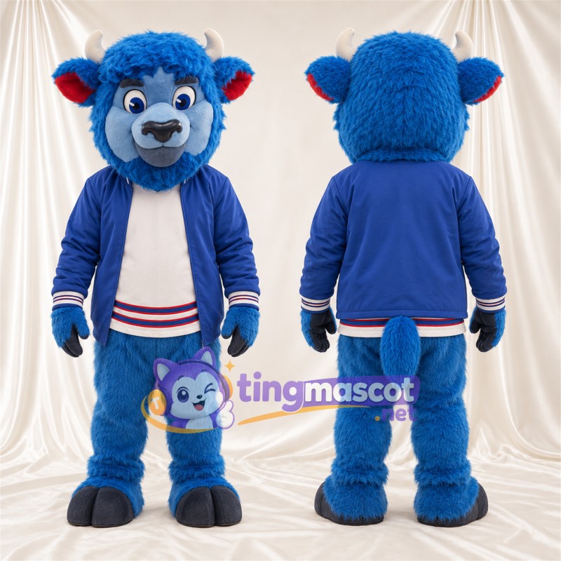 Blue Bison Mascot Costume - Blue Jacket and White Shirt and Red Ear Lining