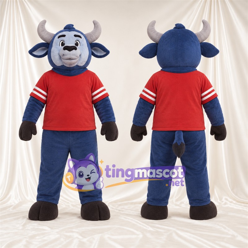 Costume de mascotte Buffle – bleu – Cornes (gris); Maillot (rouge)