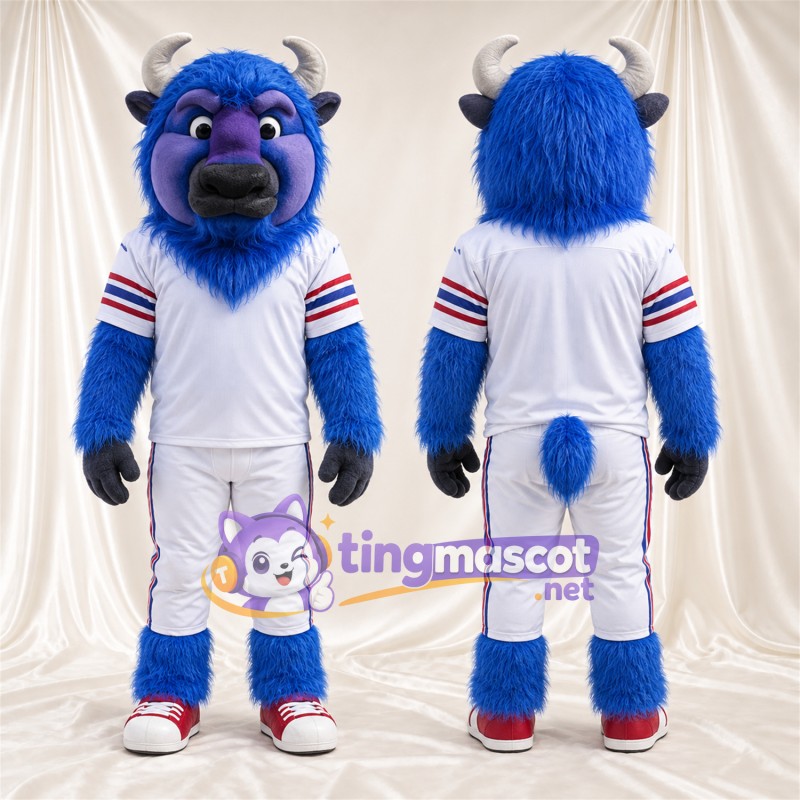 Costume de mascotte Buffle – bleu – Baskets (rouge); Maillot (blanc)